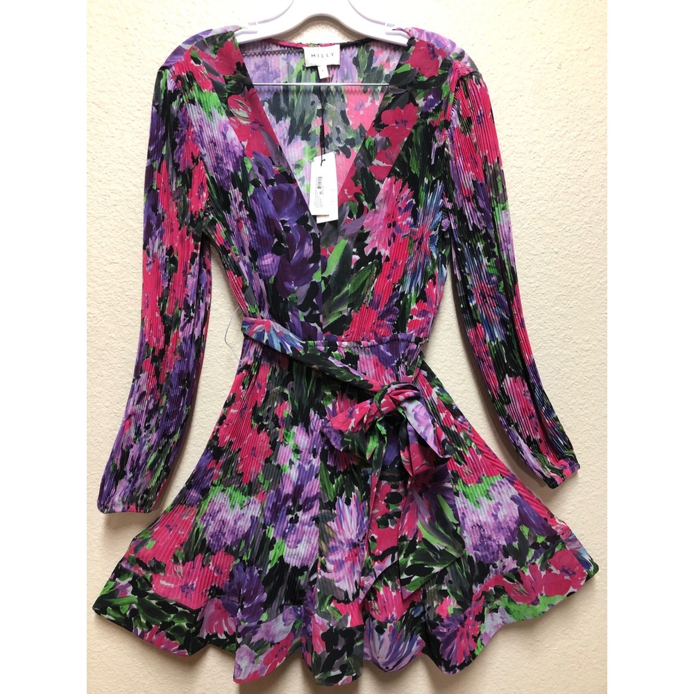Milly Garden Pleated Dress Purple Multi Floral‎ V-Neck Mini Long Sleeve 41RD75 6